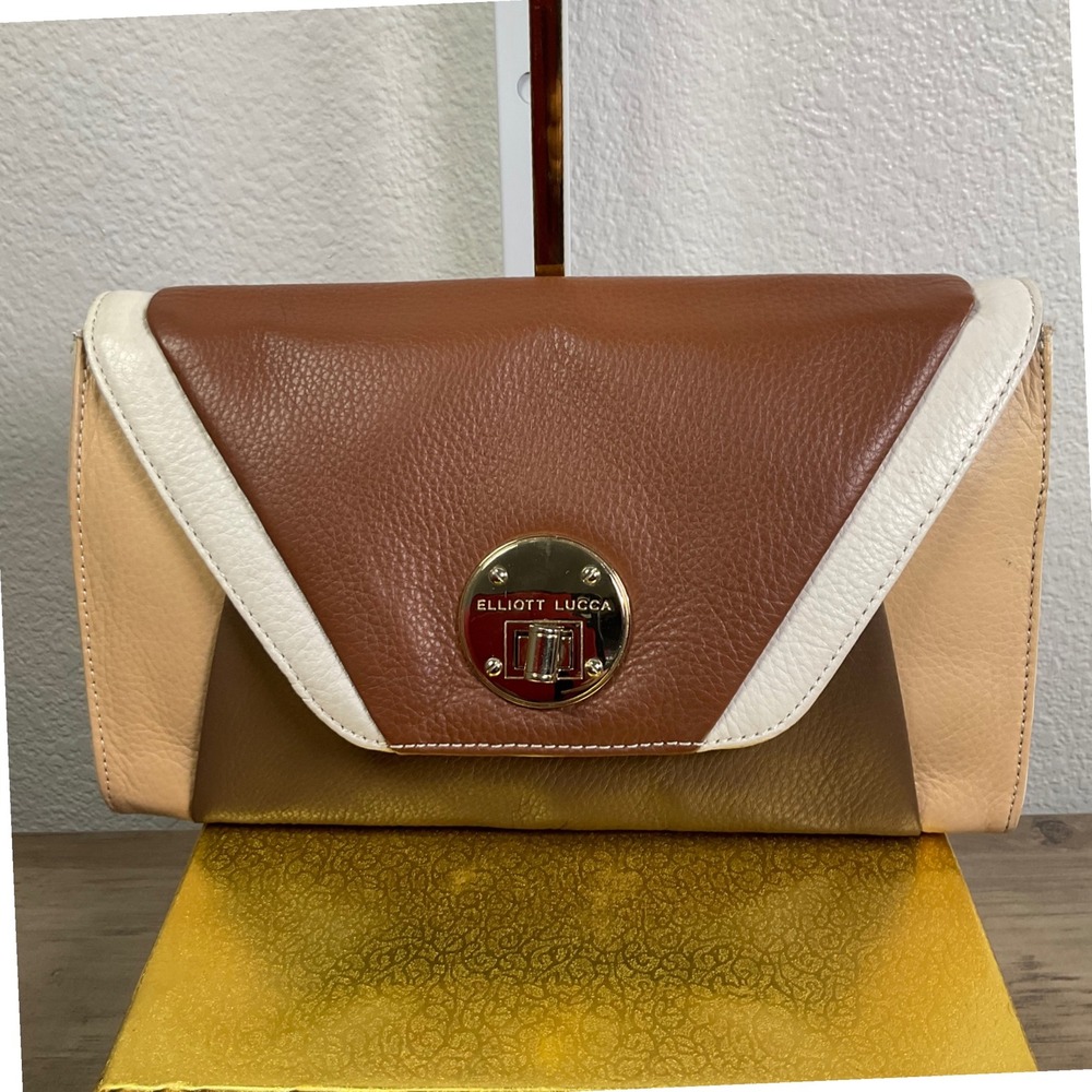 Elliott Lucca Colorblock Leather Shoulder Bag Clutch Brown White Tan